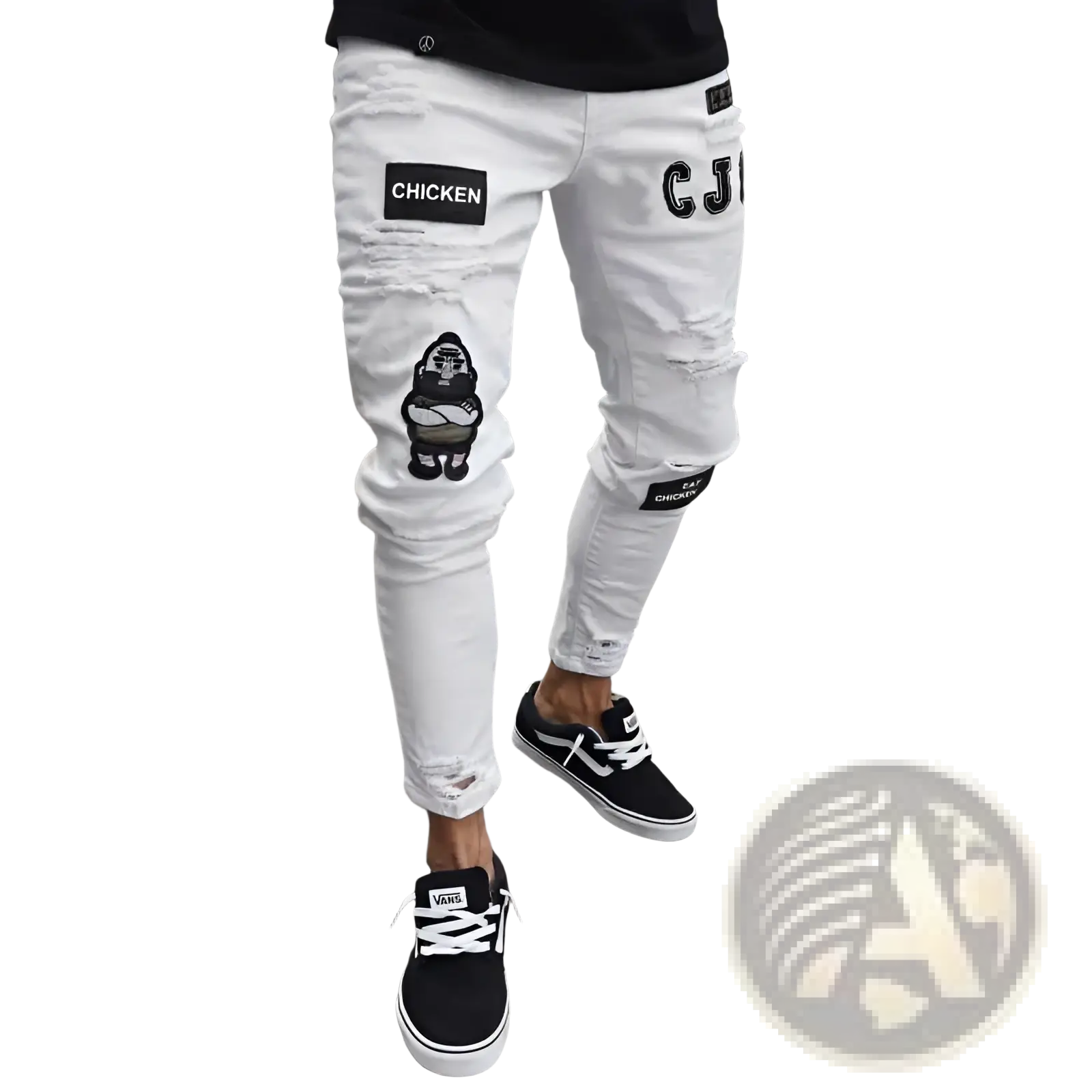Men embroidered ripped skinny white denim jeans with black chicken text and cartoon patches paired with black Vans sneakers