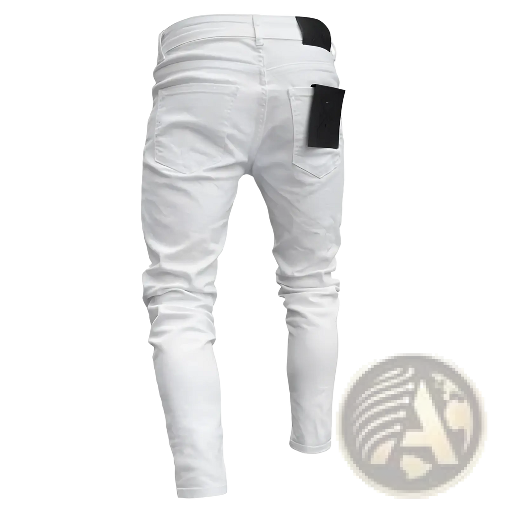 Men embroidered ripped skinny jeans slim hip hop denim in white with black back pockets and waistband label shown from the back