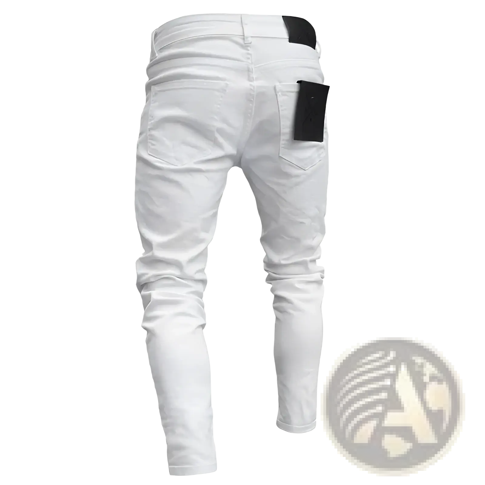Men embroidered ripped skinny jeans slim hip hop denim in white with black back pockets and waistband label shown from the back