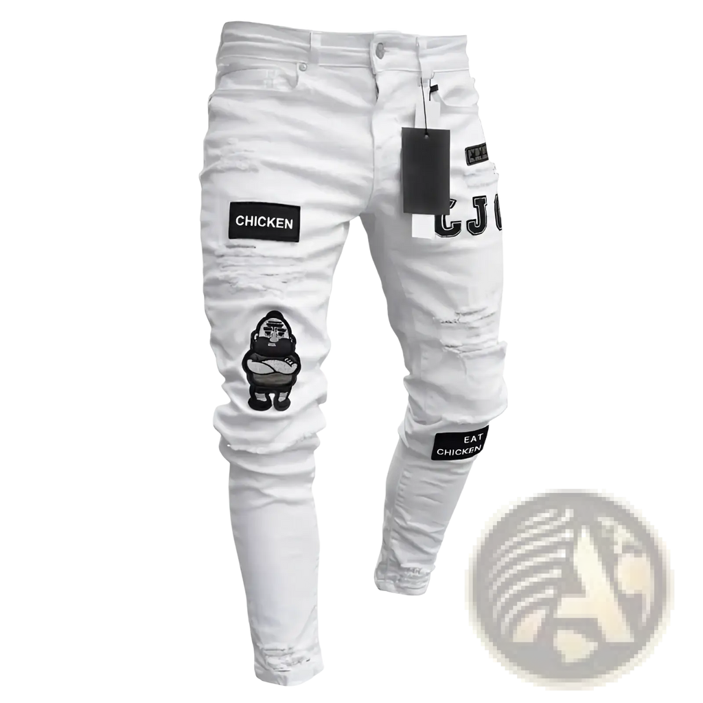 Men embroidered ripped skinny white denim jeans with black chicken text and cartoon gorilla patches for hip hop style