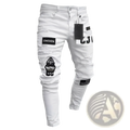 Men embroidered ripped skinny white denim jeans with black chicken text and cartoon gorilla patches for hip hop style