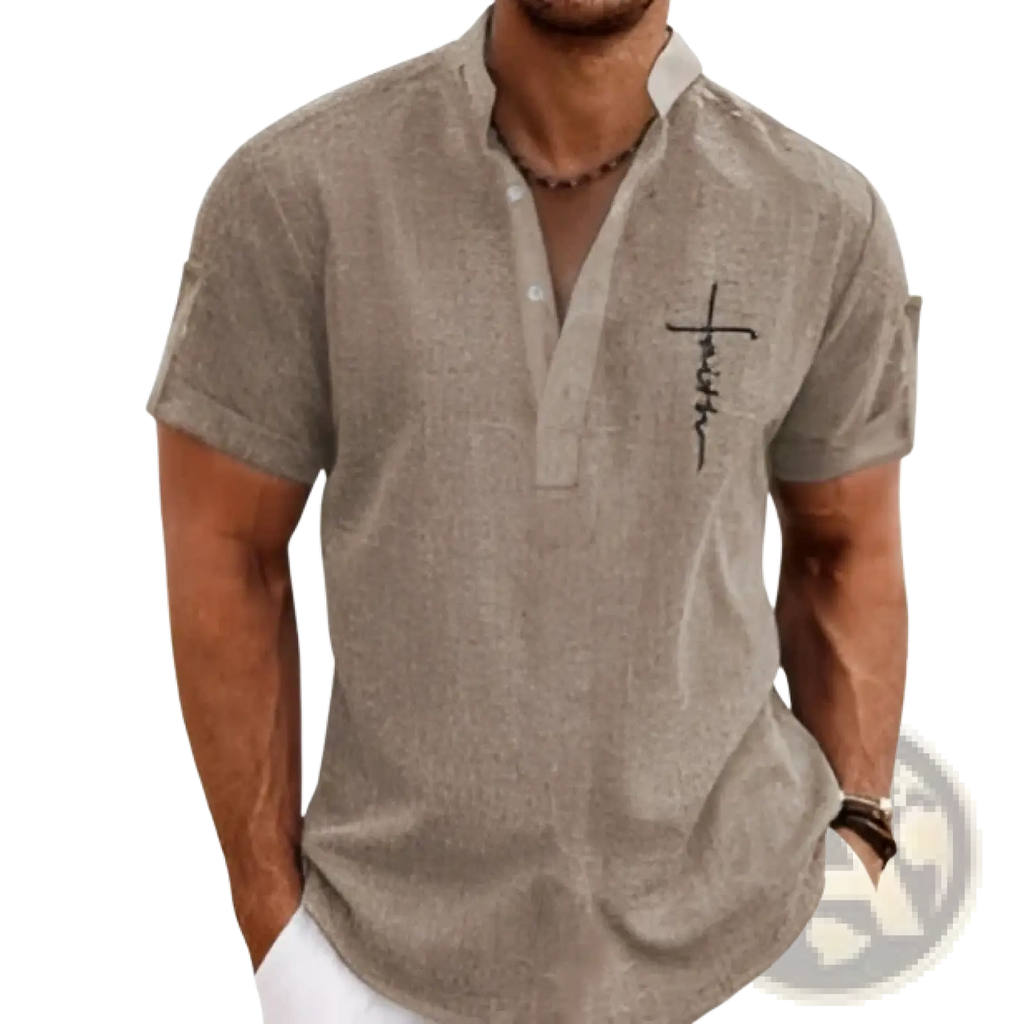 Beige textured men embroidered short sleeve polo shirt with subtle pattern and cross embroidery on the left chest