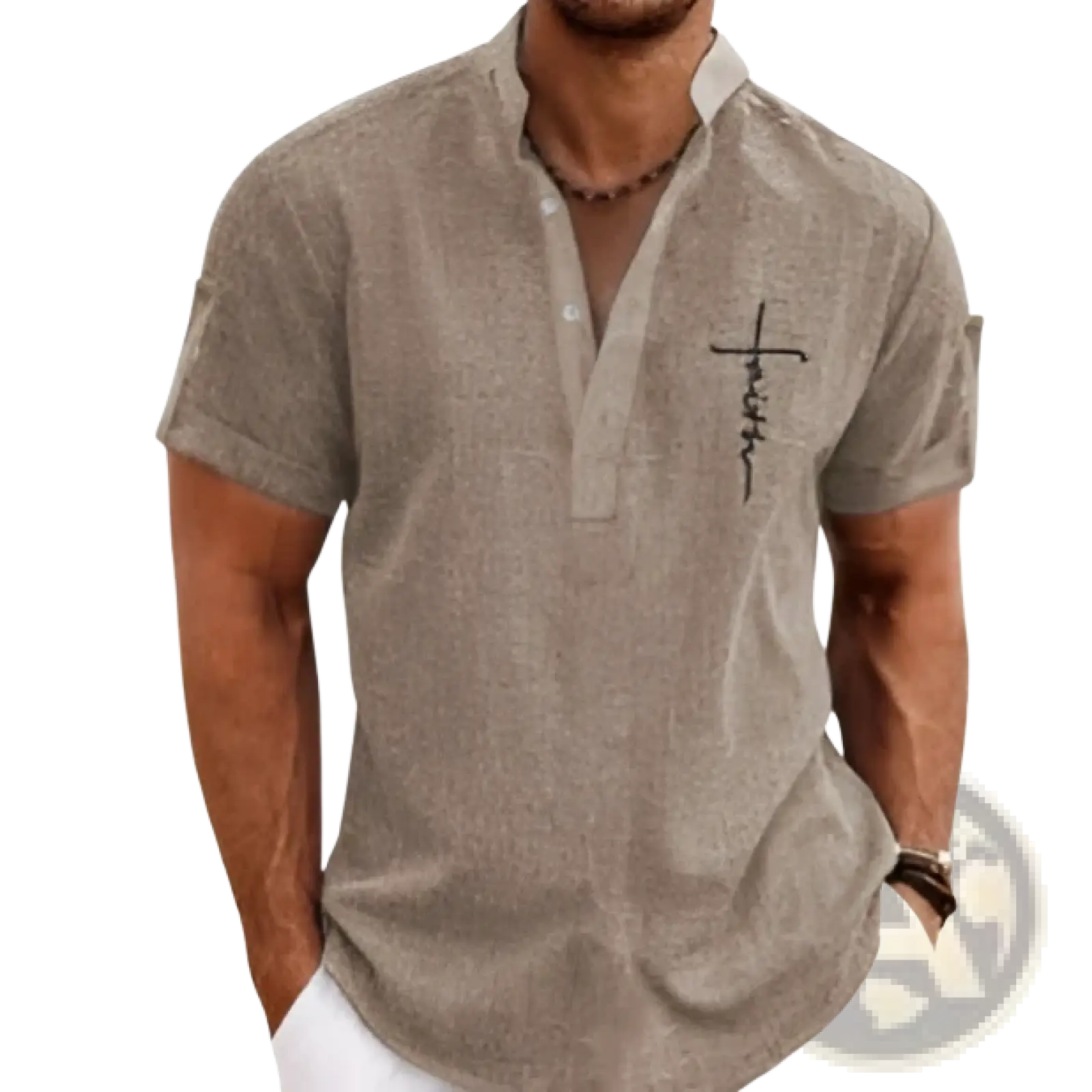Beige textured men embroidered short sleeve polo shirt with subtle pattern and cross embroidery on the left chest