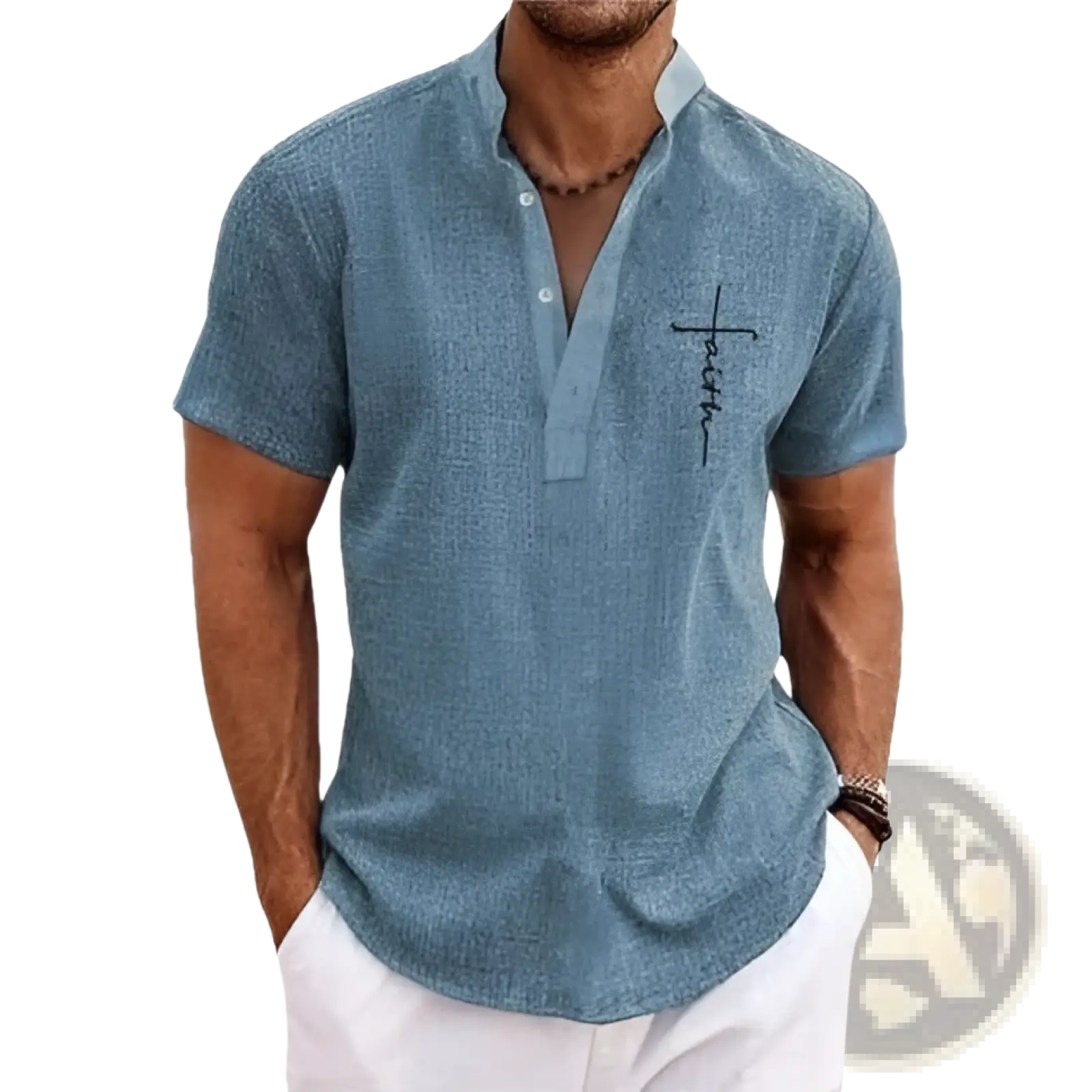 Men embroidered short sleeve polo shirt in blue textured cotton with subtle cross embroidery on the left chest