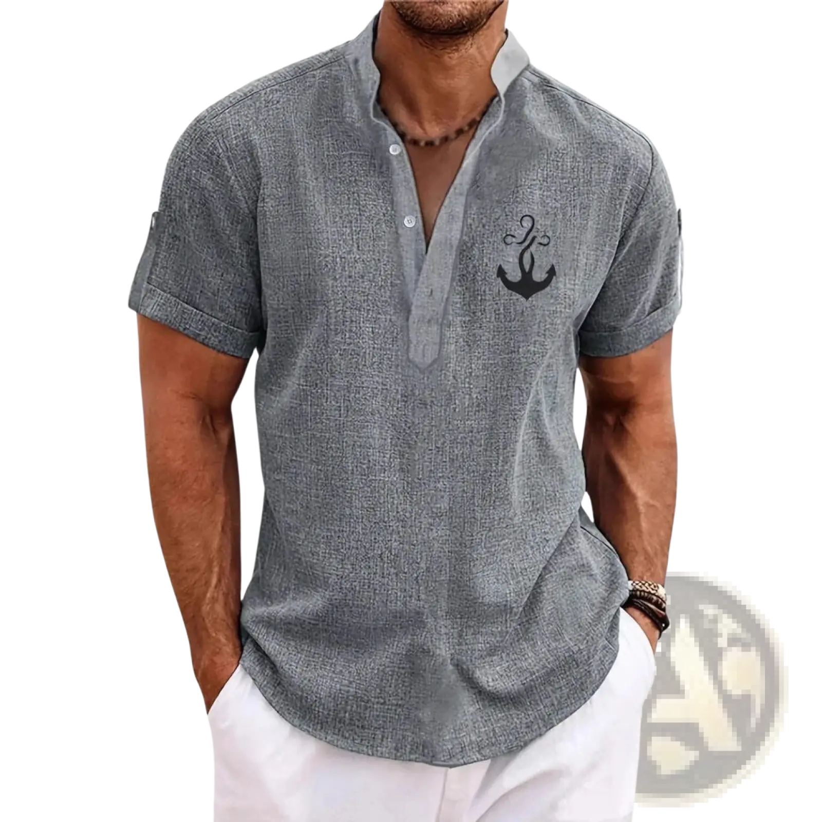 Men embroidered short sleeve polo shirt gray textured henley with black anchor embroidery on the left chest