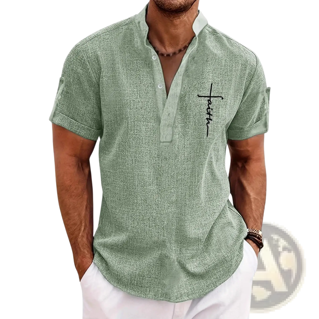 Men embroidered short sleeve polo shirt in light green textured cotton with black cross and faith embroidery on left chest