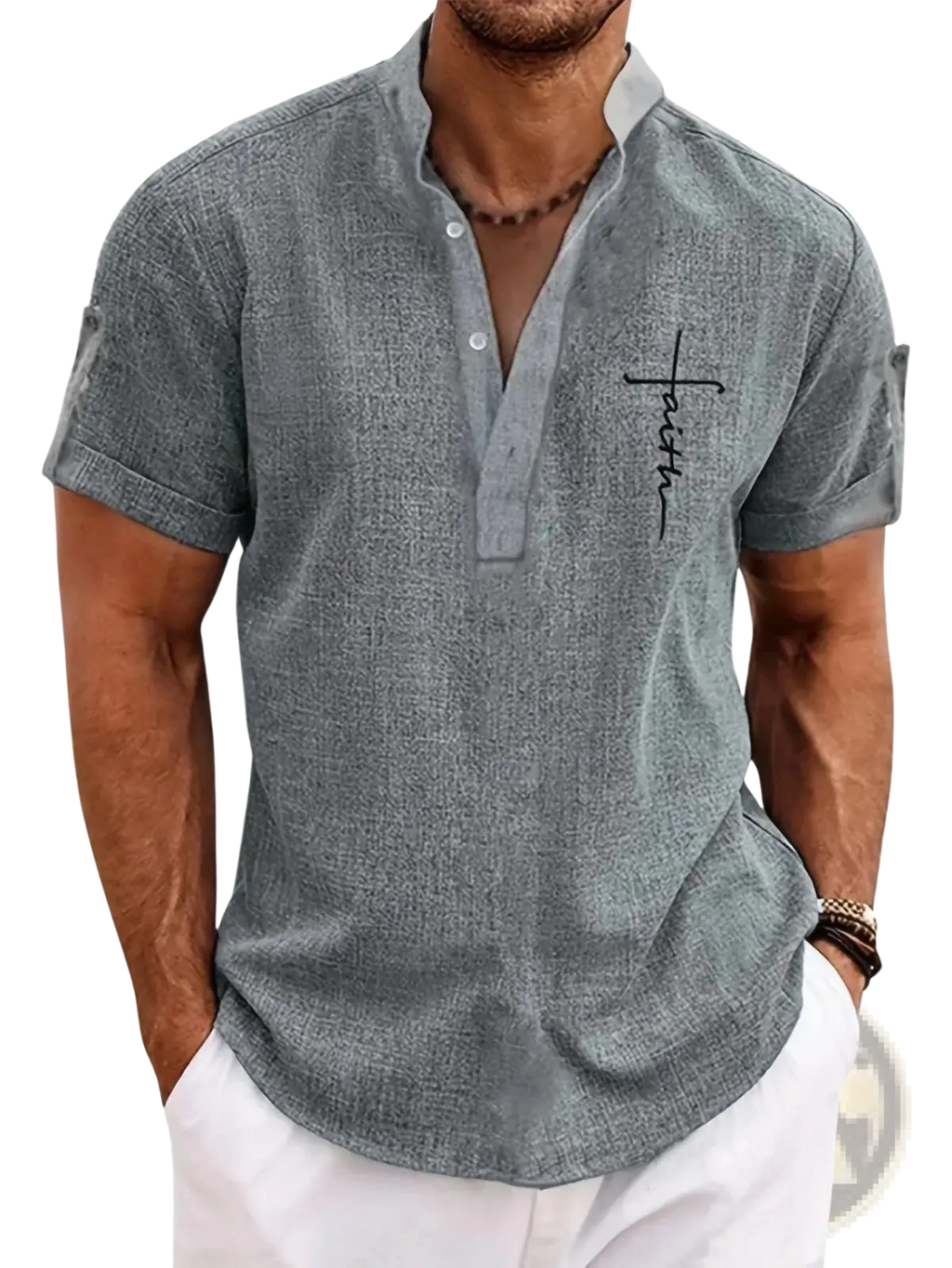 Men embroidered short sleeve gray henley shirt with black cross and faith embroidery on the left chest
