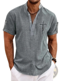 Men embroidered short sleeve gray henley shirt with black cross and faith embroidery on the left chest
