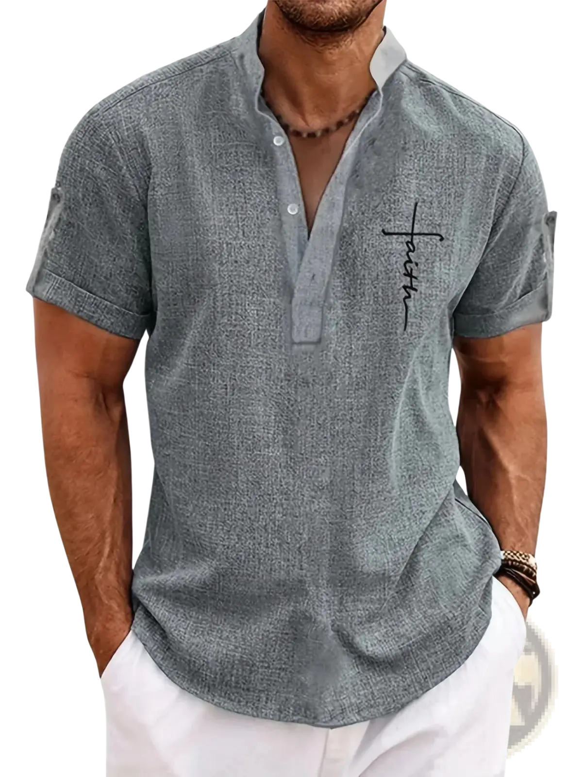 Men embroidered short sleeve gray henley shirt with black cross and faith embroidery on the left chest