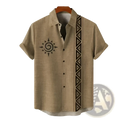 Beige men embroidered stretch short sleeve button-up shirt with black tribal sun and geometric pattern