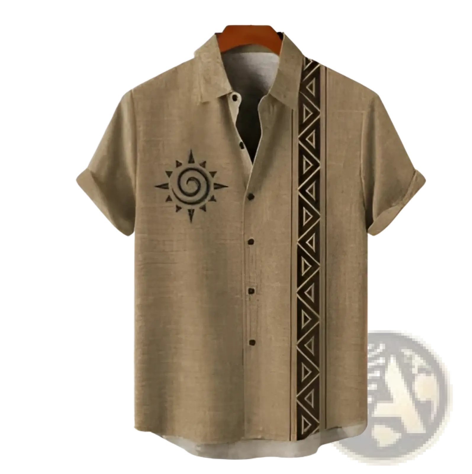 Beige men embroidered stretch short sleeve button-up shirt with black tribal sun and geometric pattern