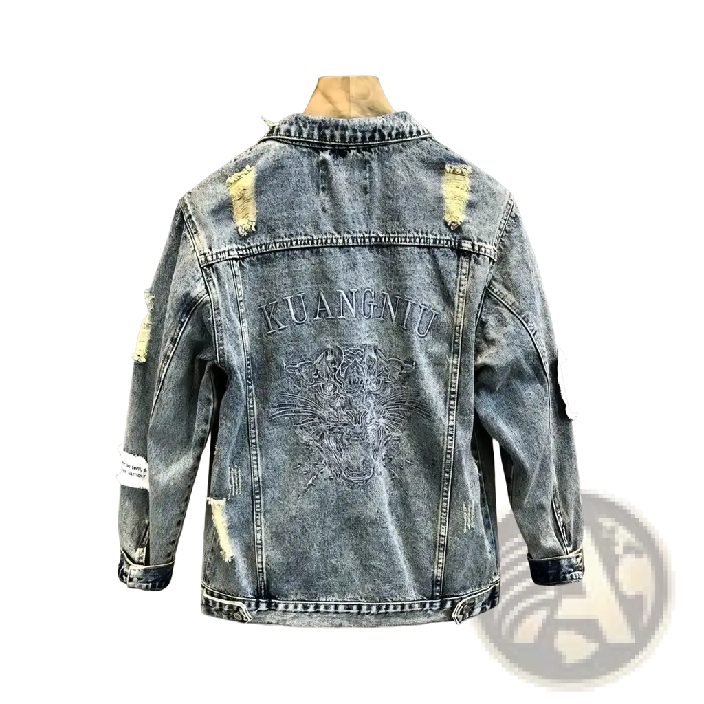 Men embroidered tiger denim jacket back side with distressed faded blue fabric ripped patches and kuangniu embroidery