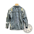 Men embroidered tiger denim jacket back side with distressed faded blue fabric ripped patches and kuangniu embroidery