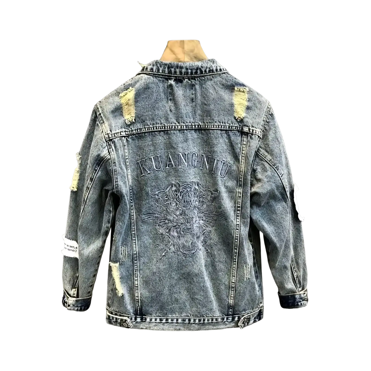 Men embroidered tiger denim jacket back side with distressed faded blue fabric ripped patches and kuangniu embroidery