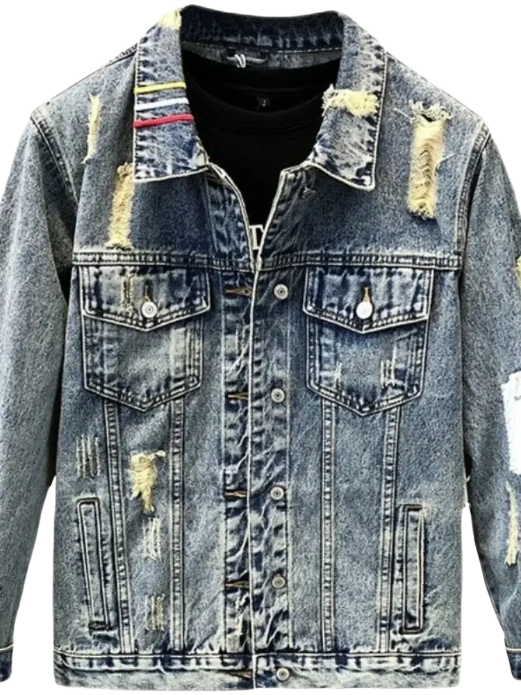 Men embroidered tiger denim jacket in distressed blue denim with ripped details and colorful striped collar lining