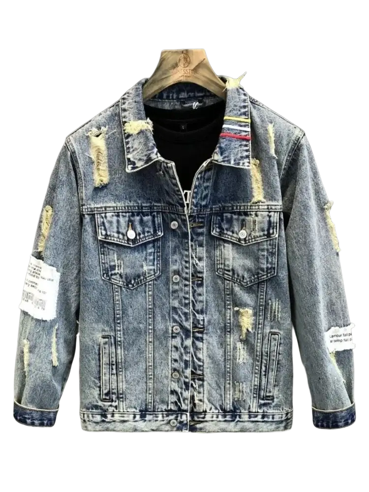 Men embroidered tiger denim jacket in distressed blue denim with ripped details and white patchwork accents on sleeves