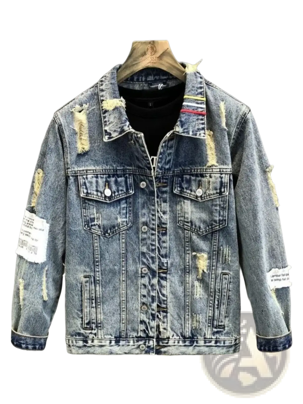 Men embroidered tiger denim jacket in distressed blue denim with ripped details and white patchwork accents on sleeves