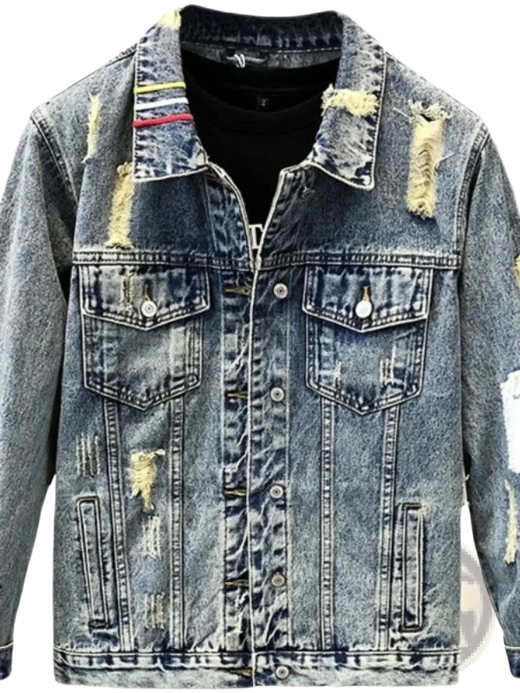 Men embroidered tiger denim jacket in distressed blue denim with ripped details and colorful striped collar lining