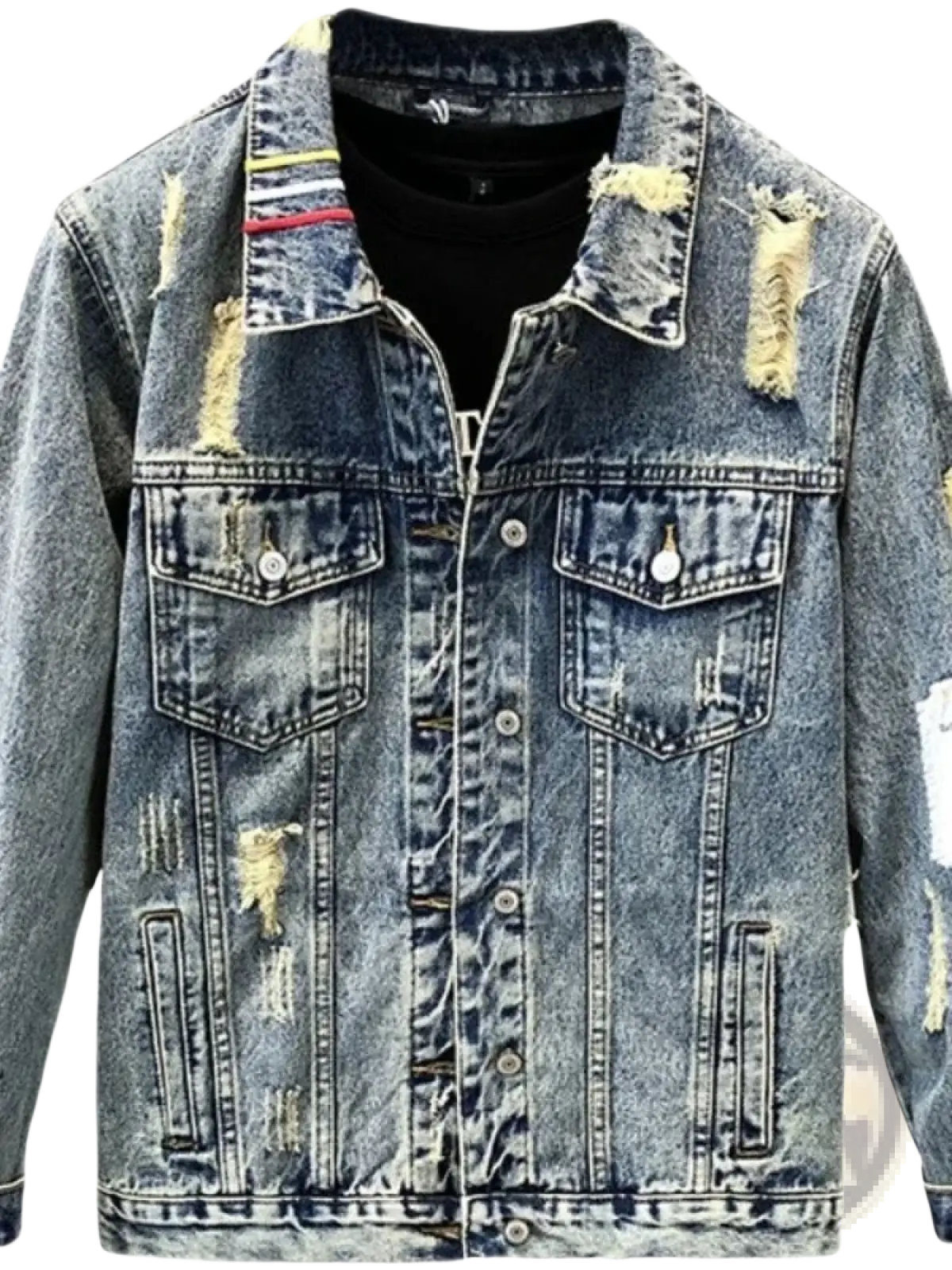 Men embroidered tiger denim jacket in distressed blue denim with ripped details and colorful striped collar lining