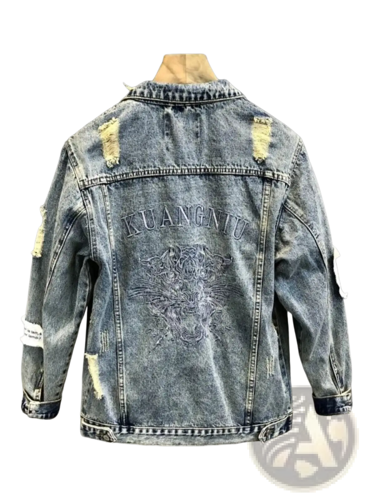Back of men embroidered tiger denim jacket in faded blue with distressed fabric and dragon embroidery detail