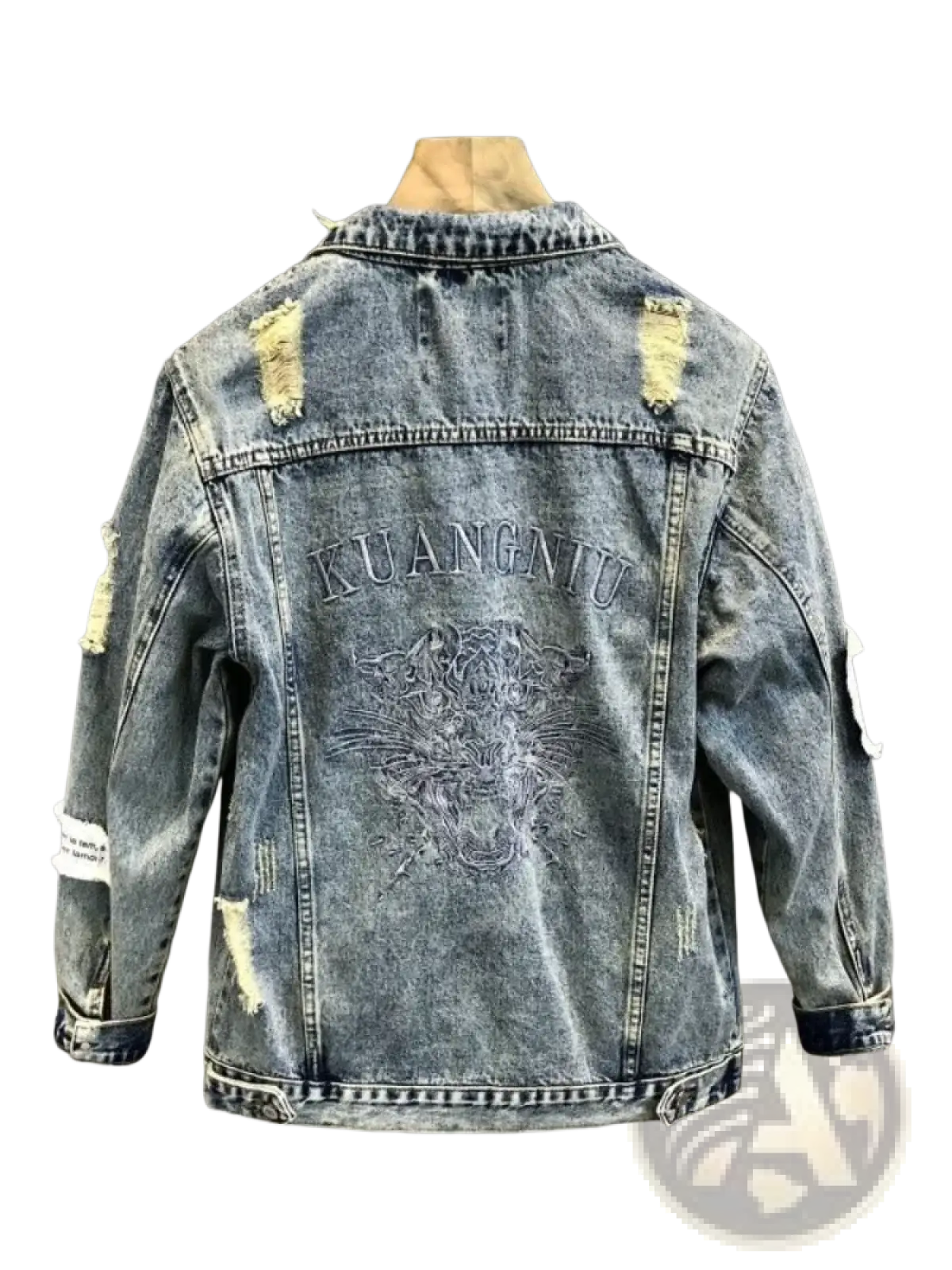 Back of a men embroidered tiger denim jacket with distressed faded blue fabric ripped patches and kuangnu dragon design