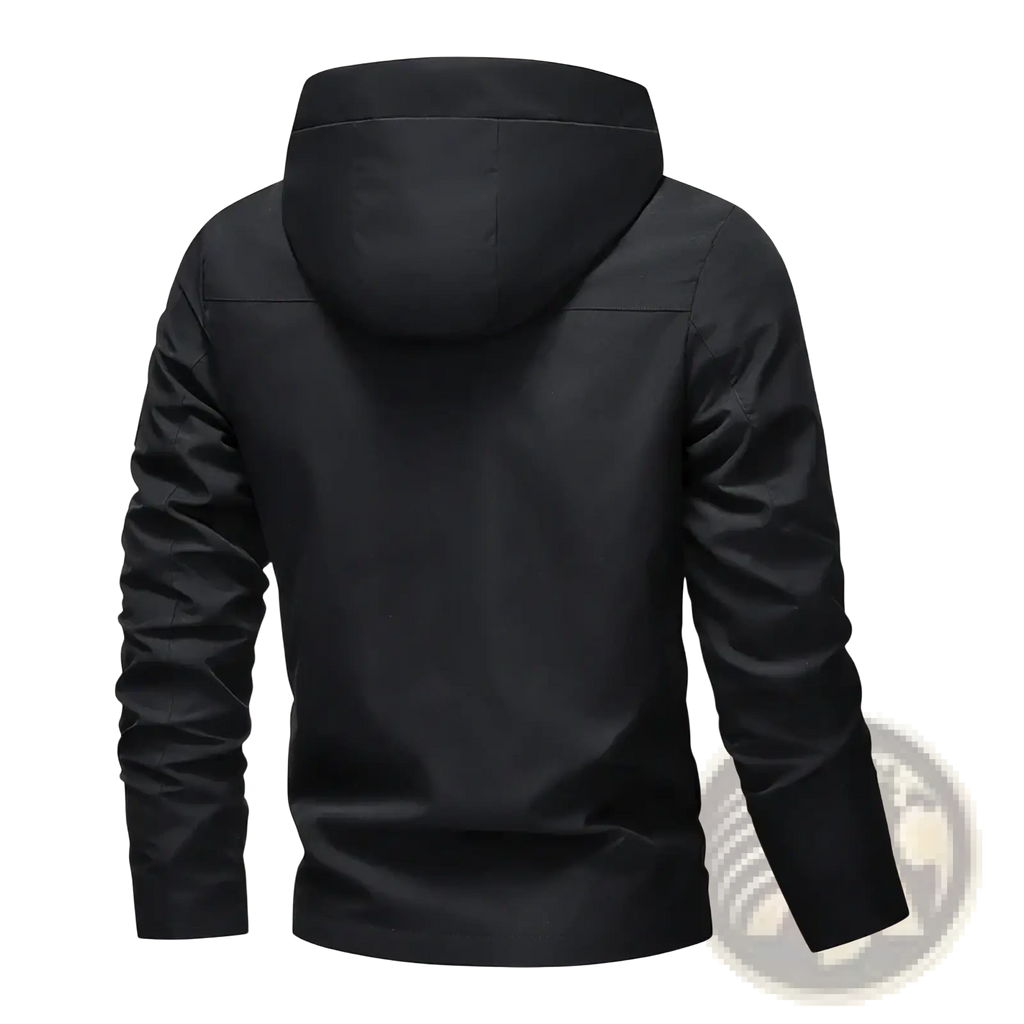 Men embroidered windbreaker jacket in black with a sleek lightweight fabric and subtle seam detailing visible from the back