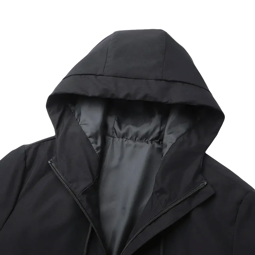 Men embroidered windbreaker jacket in black with a quilted exterior and smooth dark lining for winter use