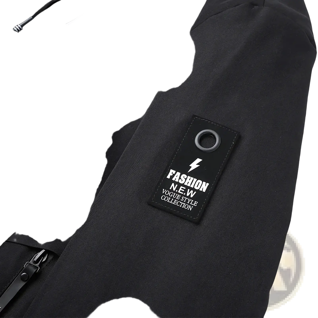 Black nylon men embroidered windbreaker jacket with rectangular patch featuring white text and lightning bolt logo
