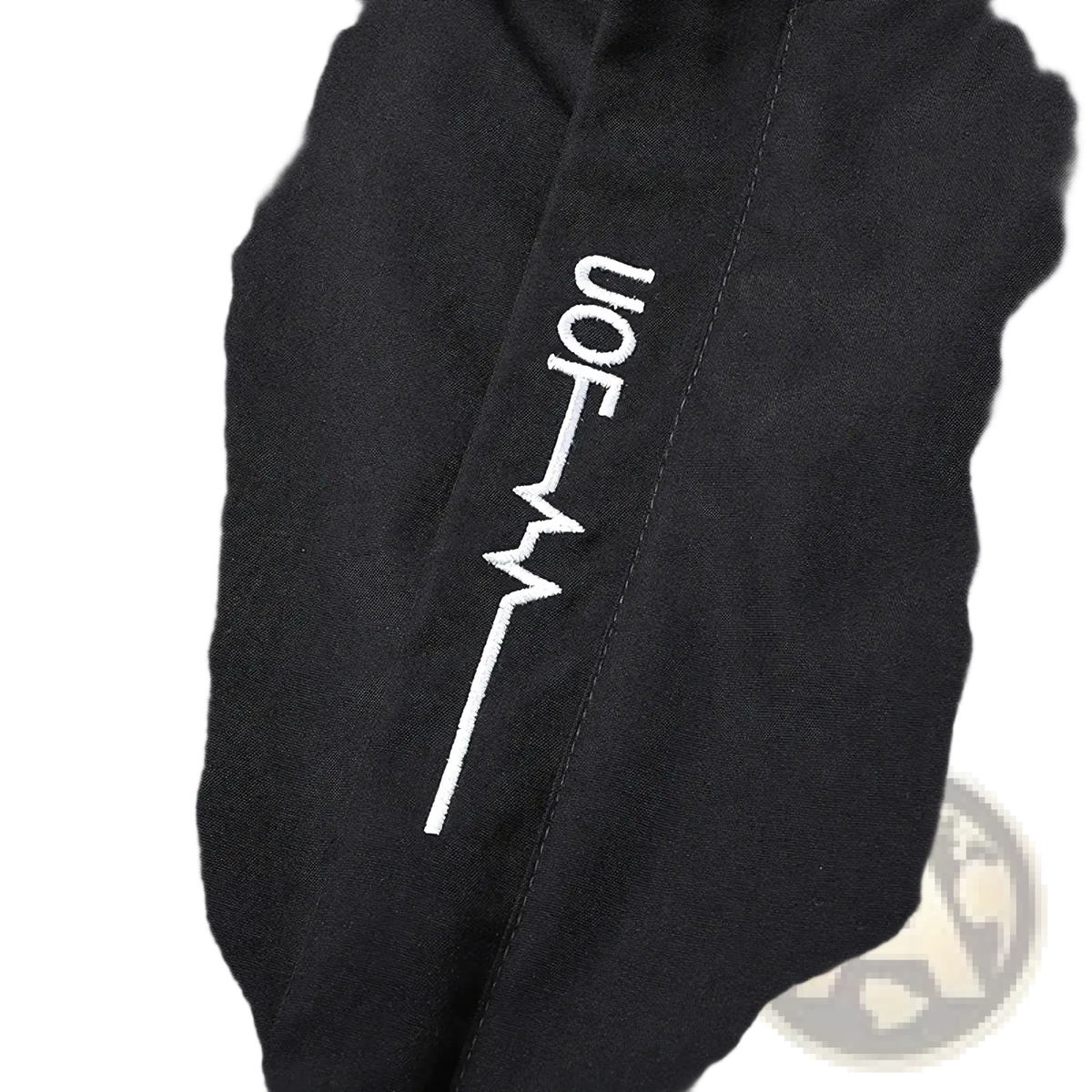Men embroidered windbreaker jacket in black with white stylized heartbeat-like jon logo embroidery on front