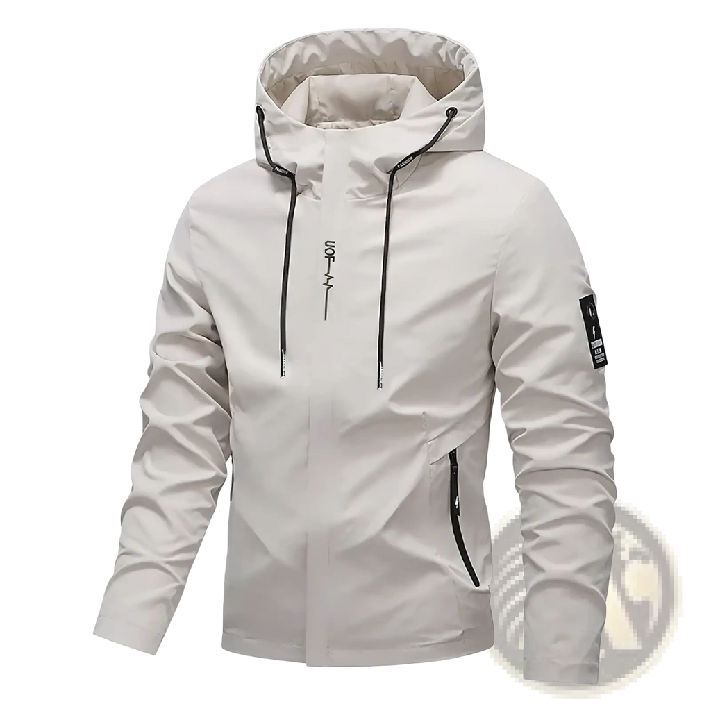 Men embroidered windbreaker jacket featuring a beige hooded design with black drawstrings and zipper accents