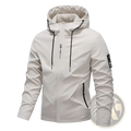 Men embroidered windbreaker jacket featuring a beige hooded design with black drawstrings and zipper accents