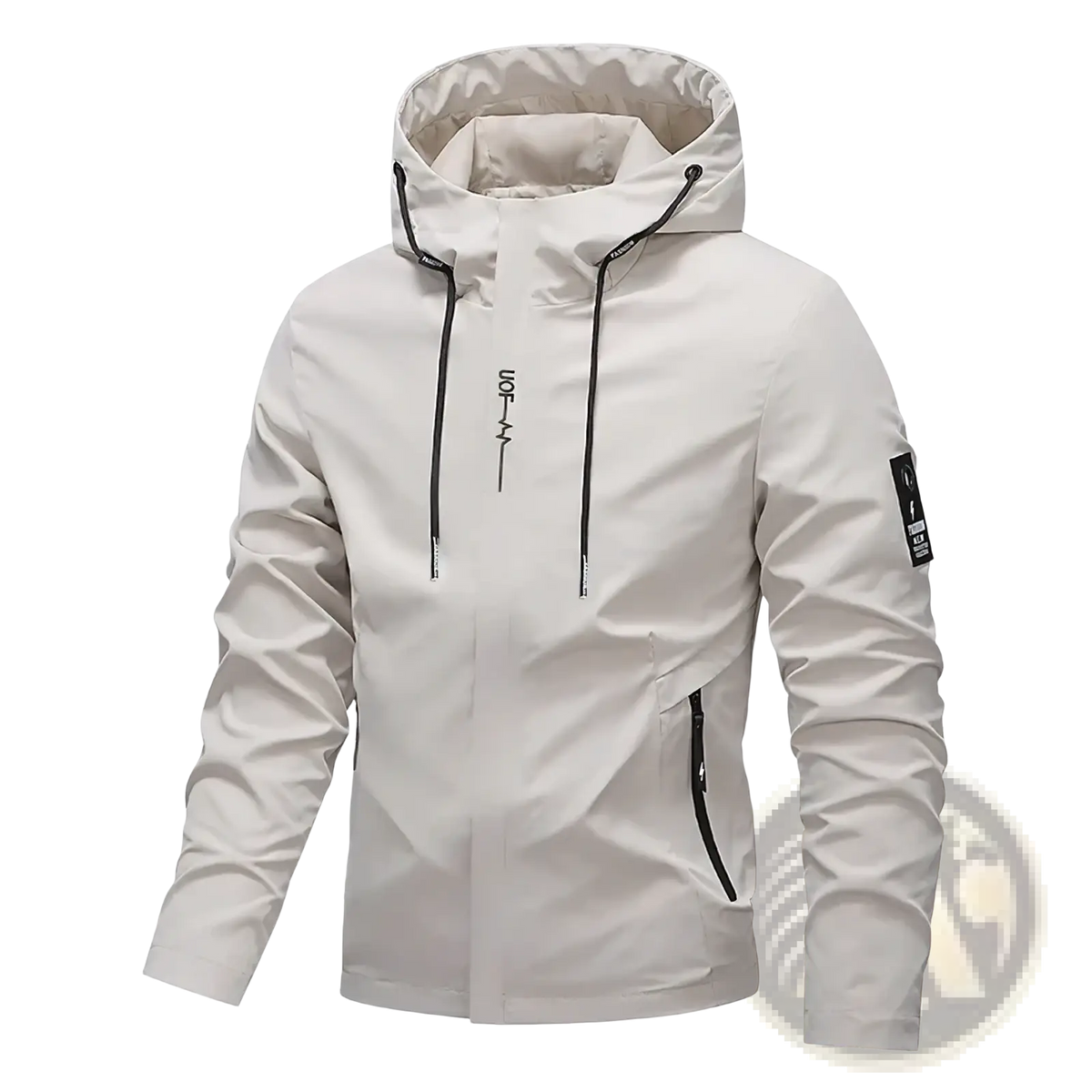 Men embroidered windbreaker jacket featuring a beige hooded design with black drawstrings and zipper accents