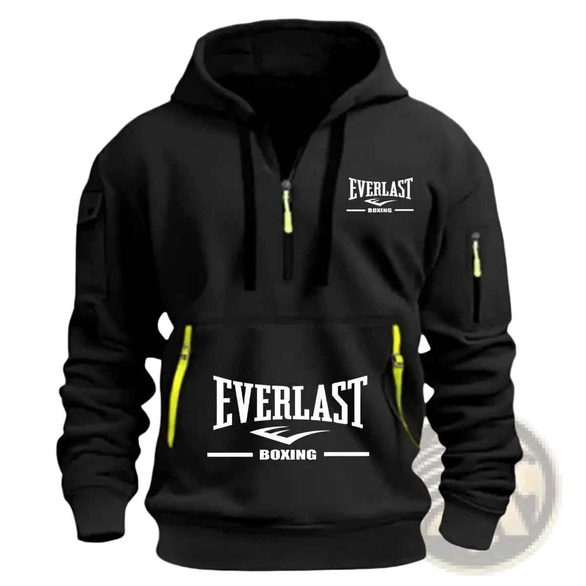 Men Everlast half zip fleece hoodie in black with neon yellow zipper pulls and white logo branding