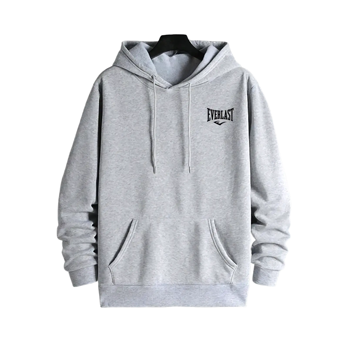 Gray everlast hooded activewear sweatshirt with black chest logo and front pockets for men in casual sport style