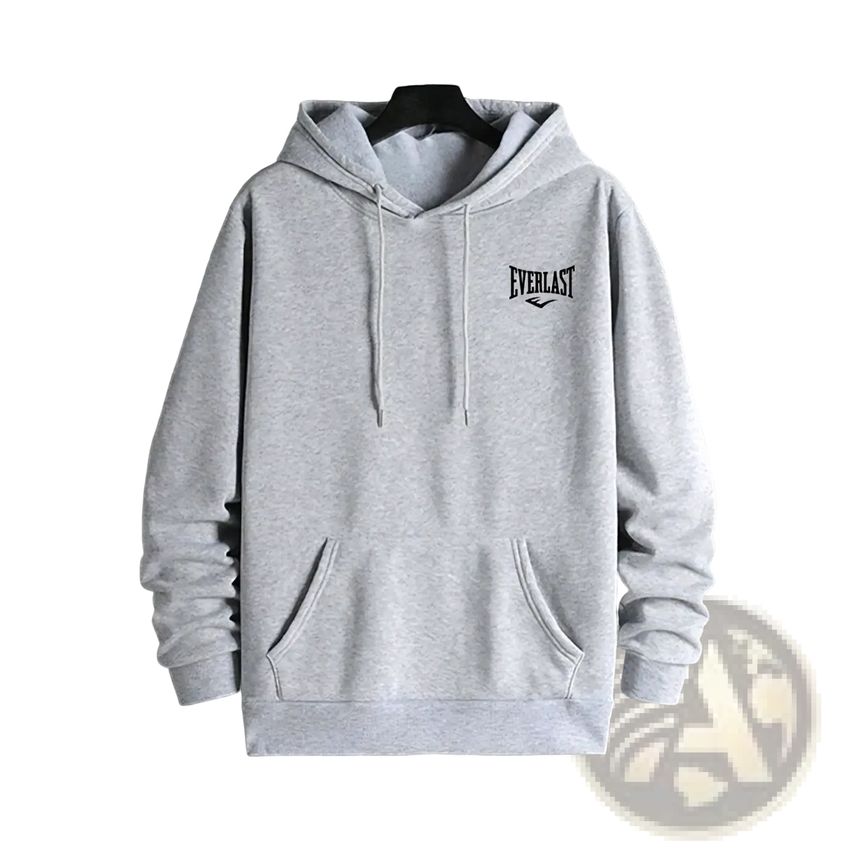 Gray everlast hooded activewear sweatshirt with black chest logo and front pockets for men in casual sport style