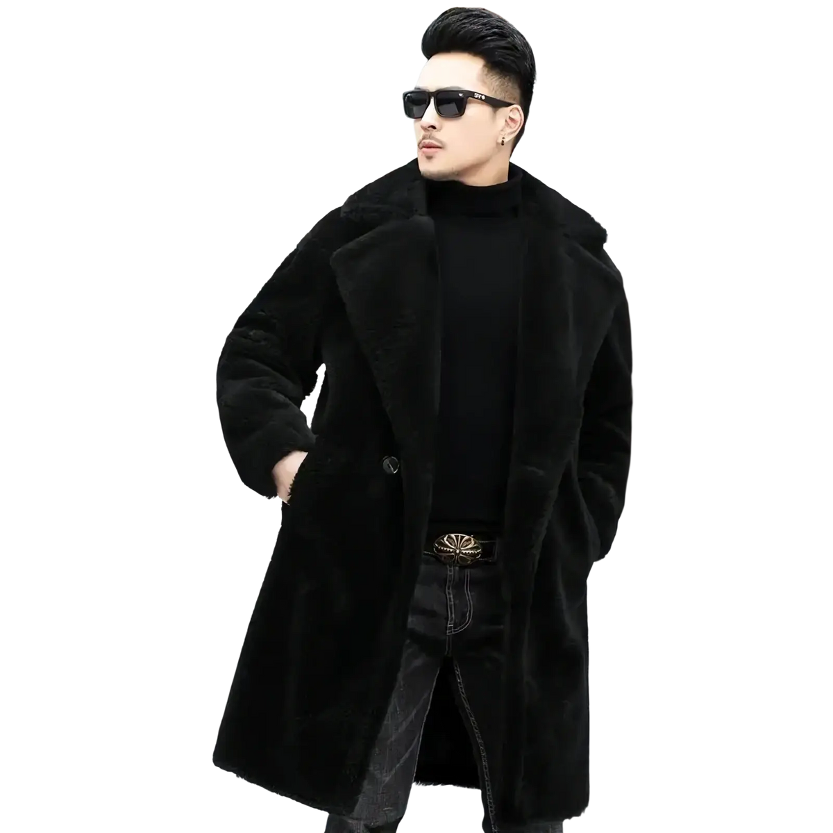 Men faux fur long winter coat in black with plush luxurious texture and classic double-breasted design