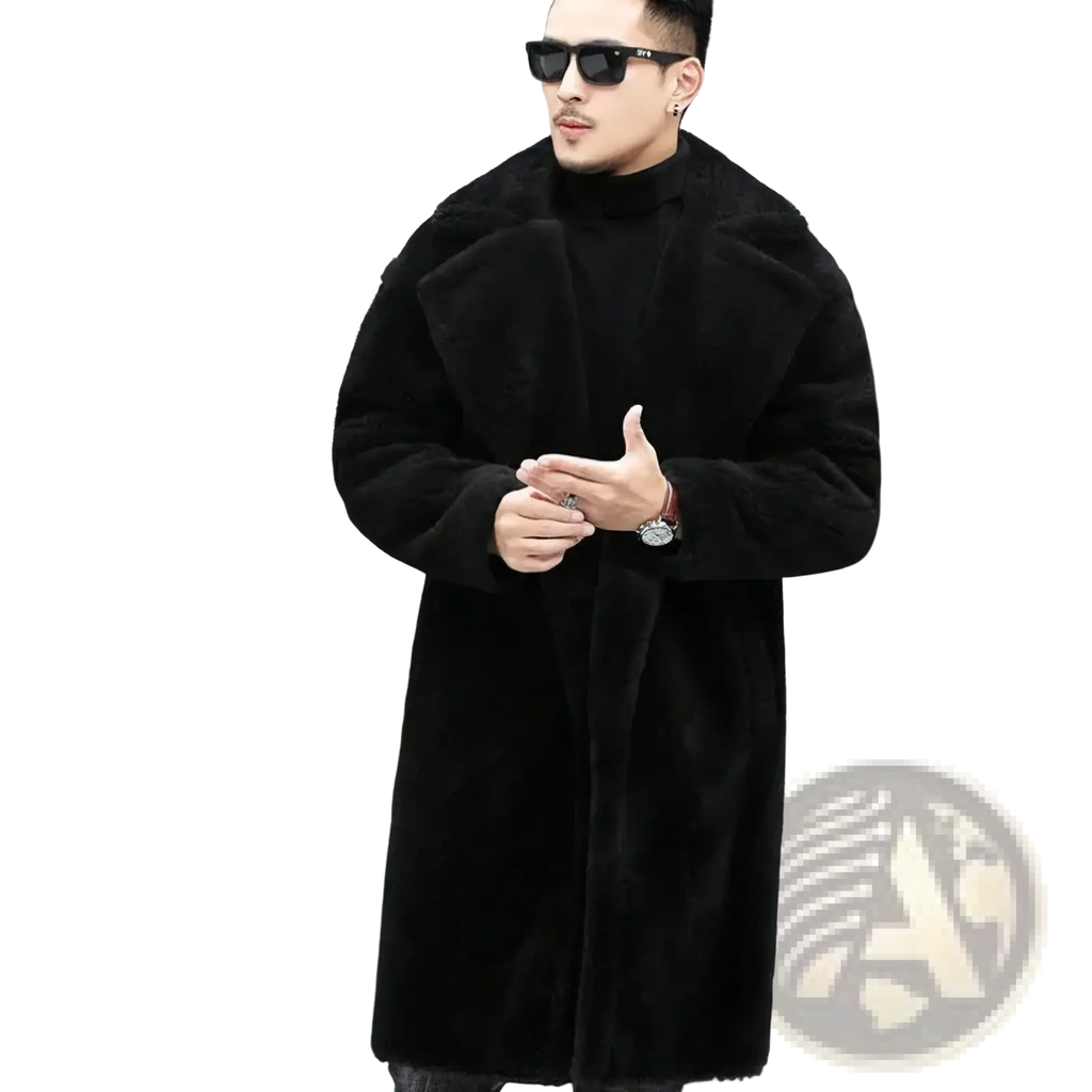 Men faux fur long winter coat in black with a plush faux fur texture and a high collar for warmth and style