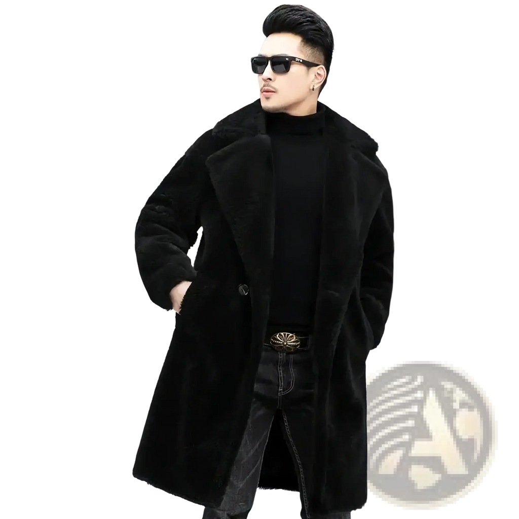 Men faux fur long winter coat in black with plush luxurious texture and classic double-breasted design