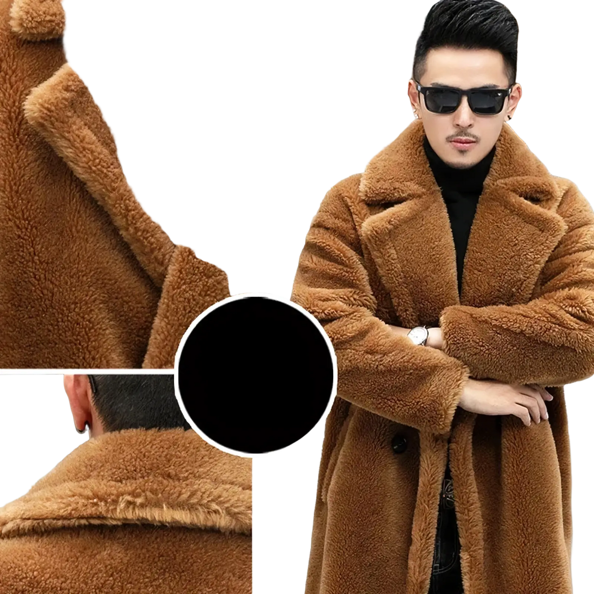 Men faux fur long winter coat in caramel color with plush teddy bear texture and classic collar design