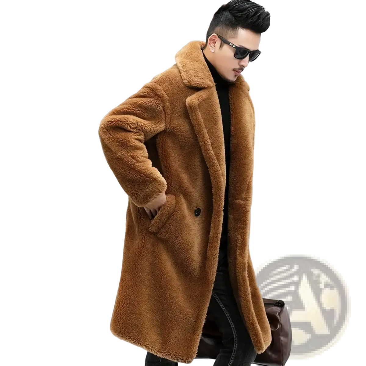 Men faux fur long winter coat tan plush teddy bear style with soft fuzzy texture and double breasted design