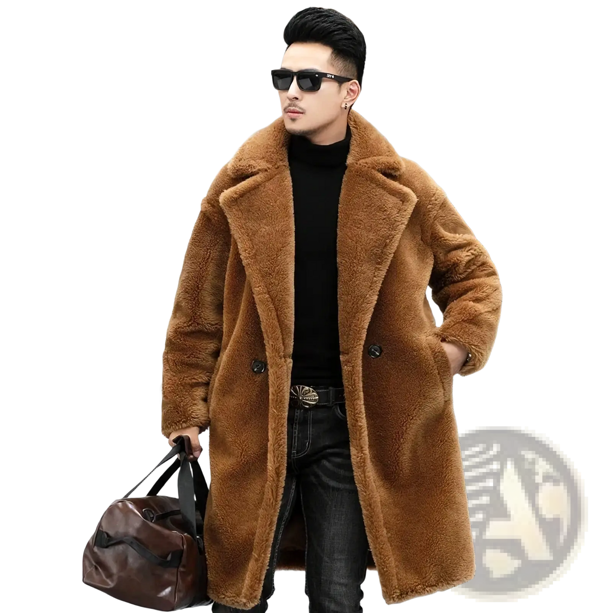 Men faux fur long winter coat tan teddy style with soft fuzzy texture and black buttons for cold weather wear