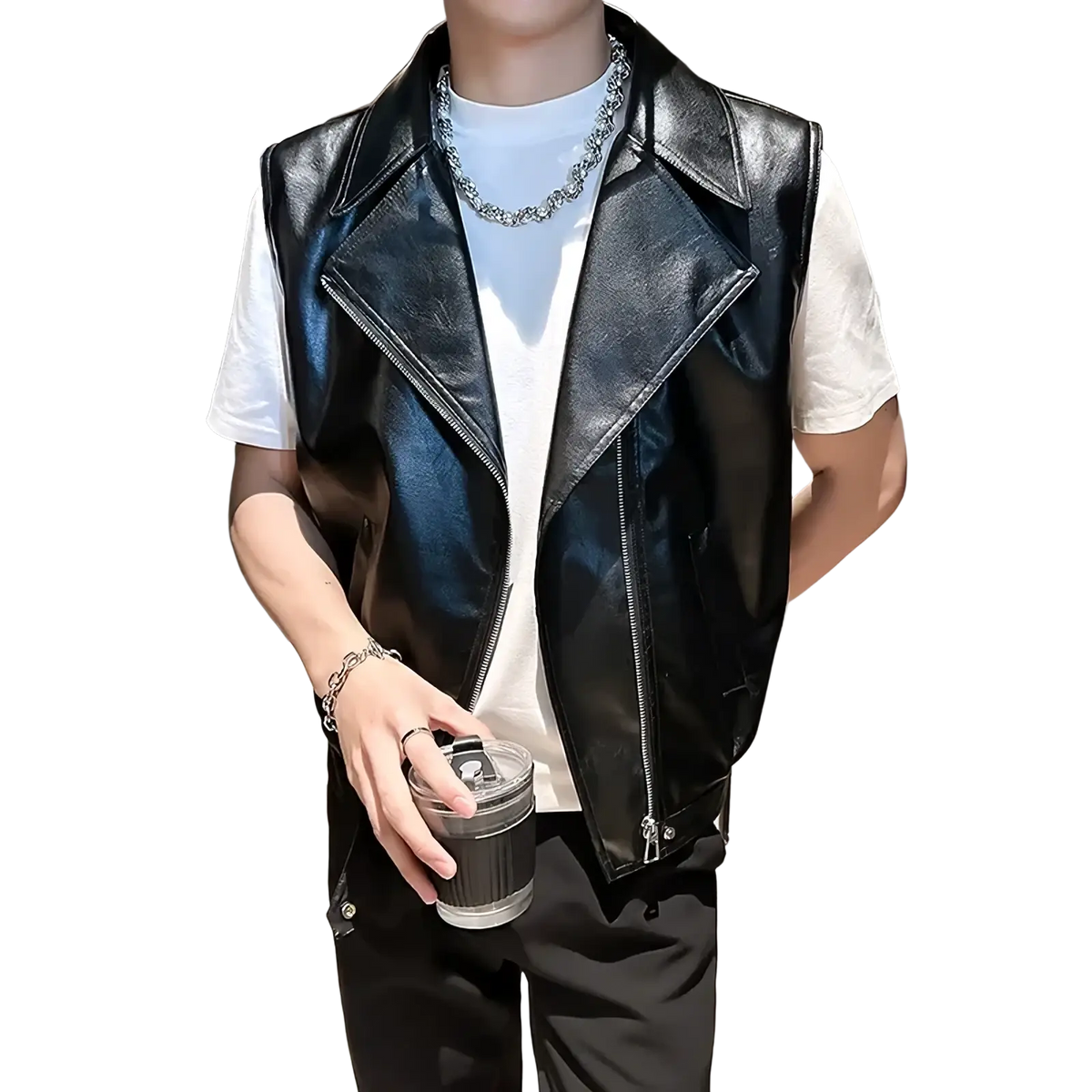 Men faux leather biker vest in black with asymmetrical zipper and collar detail for streetwear fashion