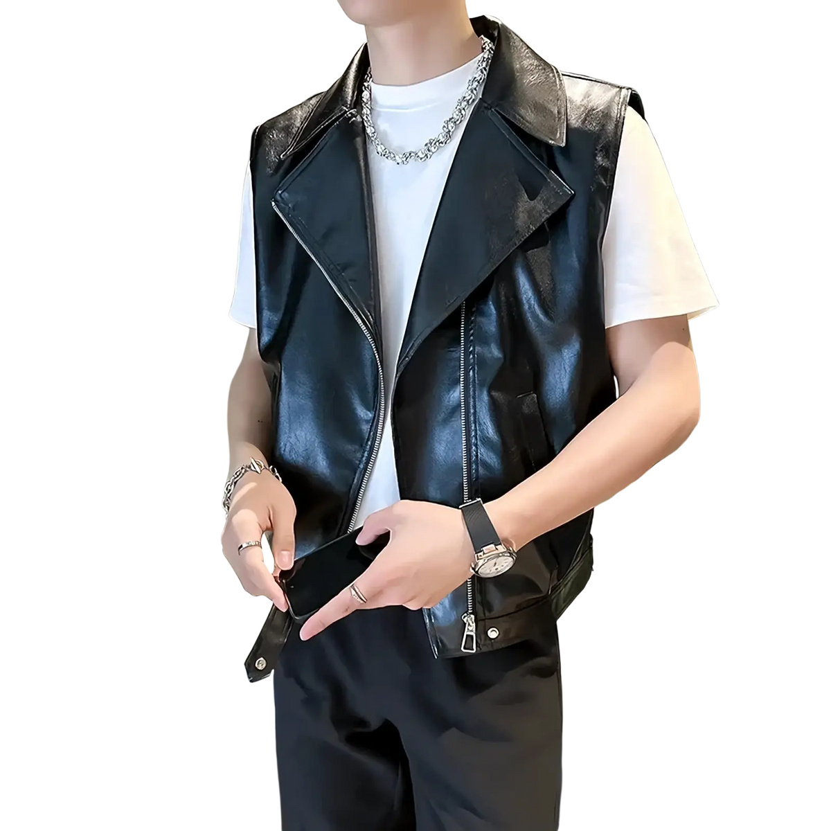Black faux leather moto vest for men with silver zipper and collar details streetwear style