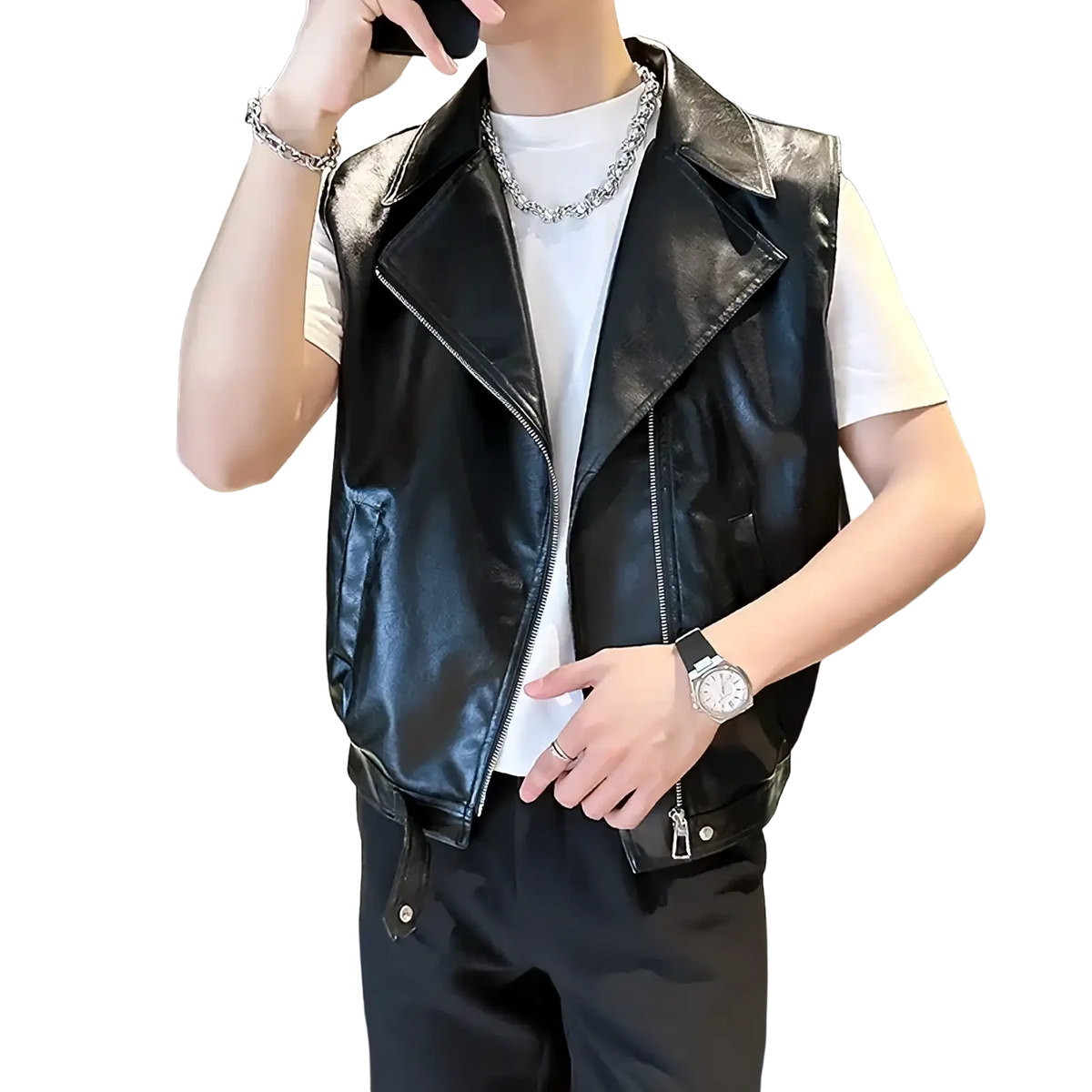 Men faux leather black biker vest with diagonal zipper and snap buttons for streetwear style