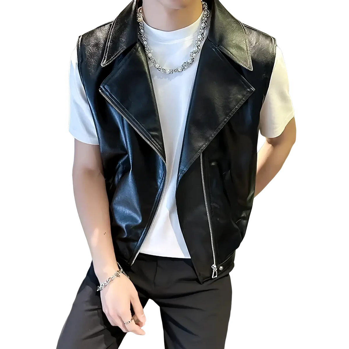 Men faux leather biker vest in black with silver zippers and collar for streetwear style