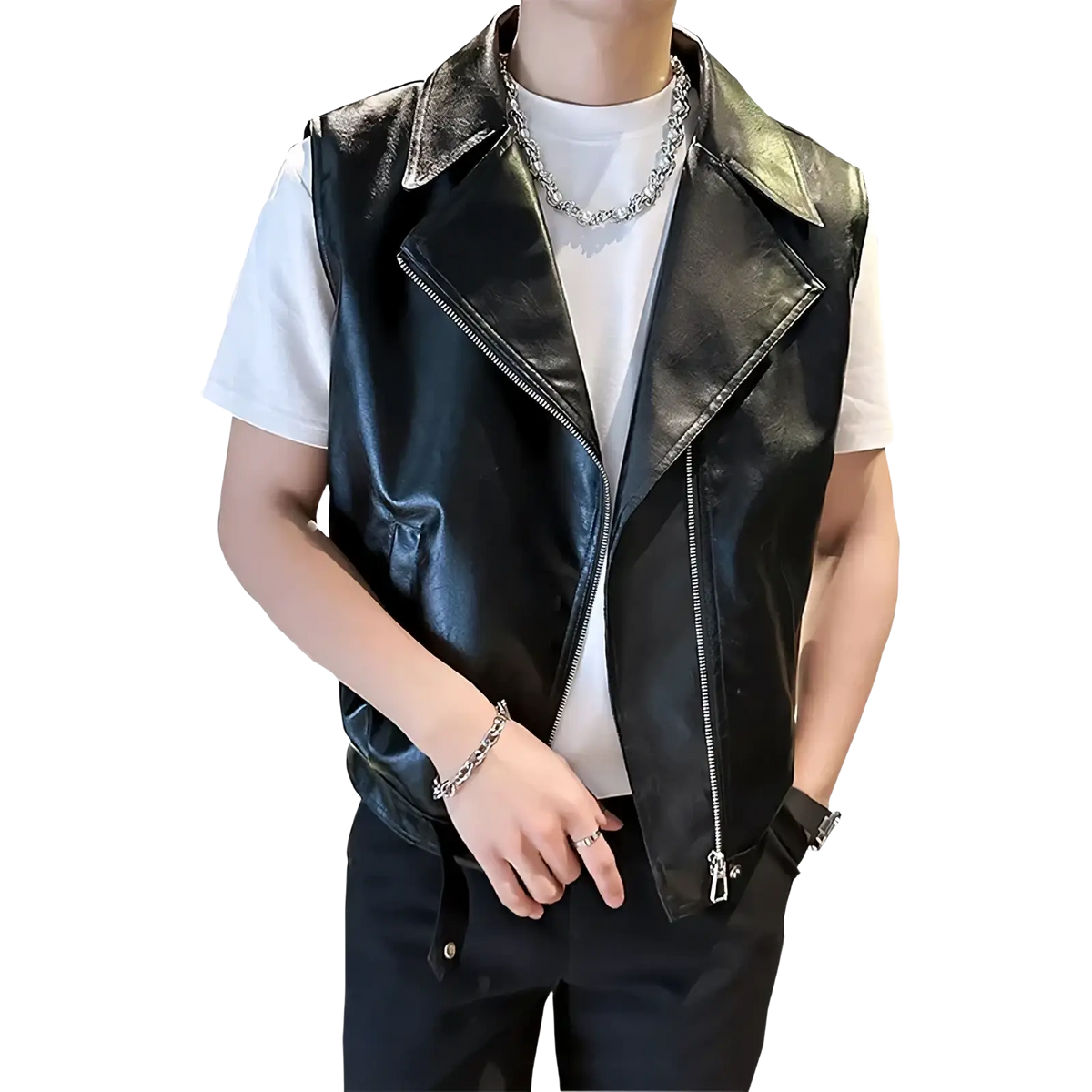 Black faux leather moto vest with glossy finish and silver zippers designed as men faux leather biker vest streetwear