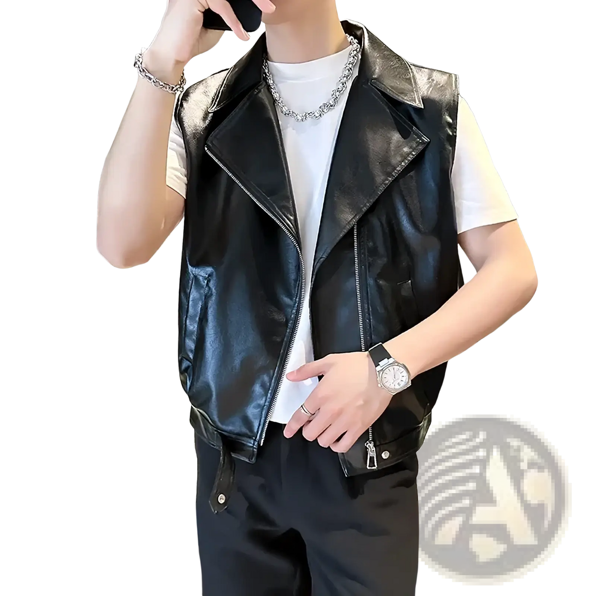 Men faux leather black biker vest with diagonal zipper and snap buttons for streetwear style