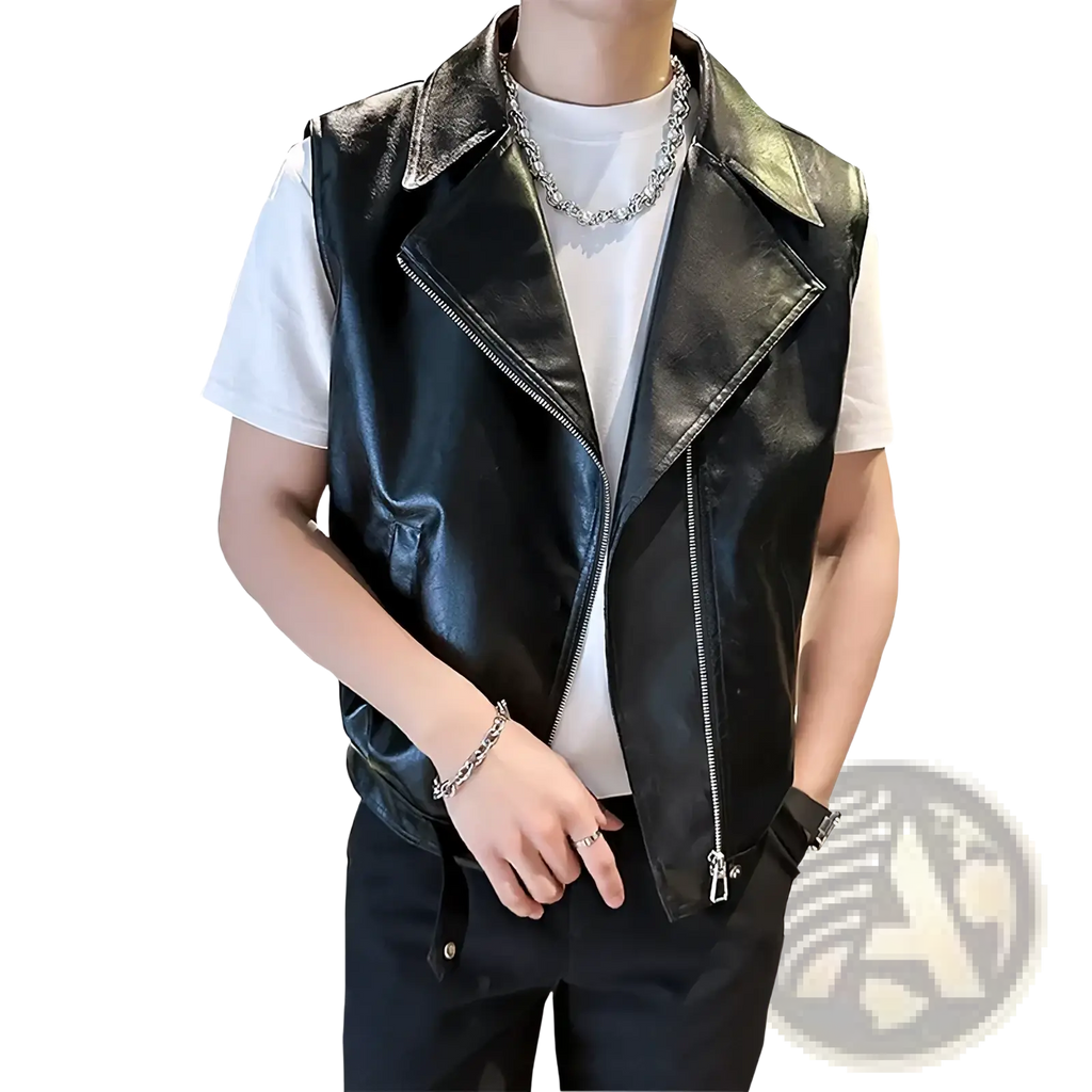 Black faux leather moto vest with glossy finish and silver zippers designed as men faux leather biker vest streetwear
