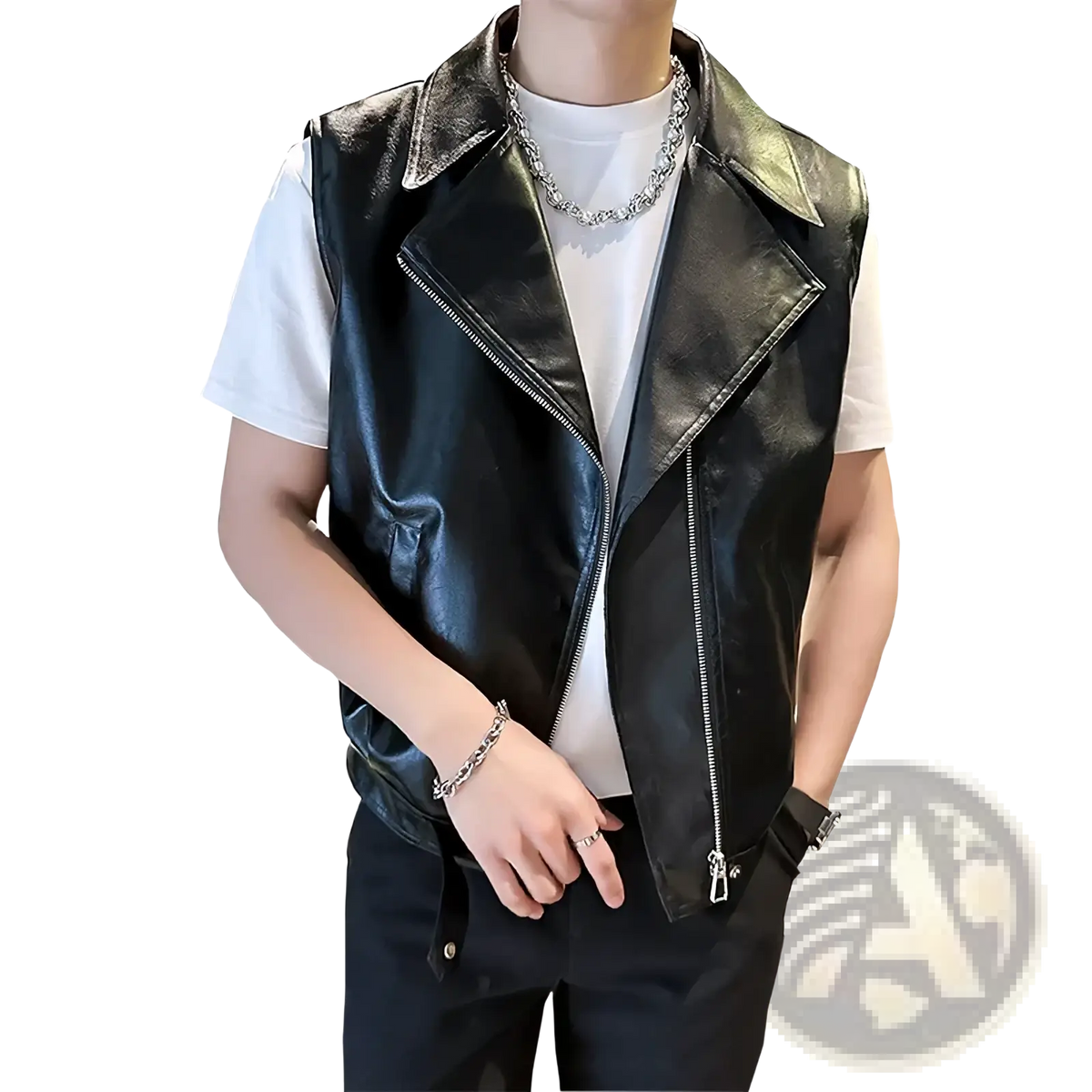 Black faux leather moto vest with glossy finish and silver zippers designed as men faux leather biker vest streetwear