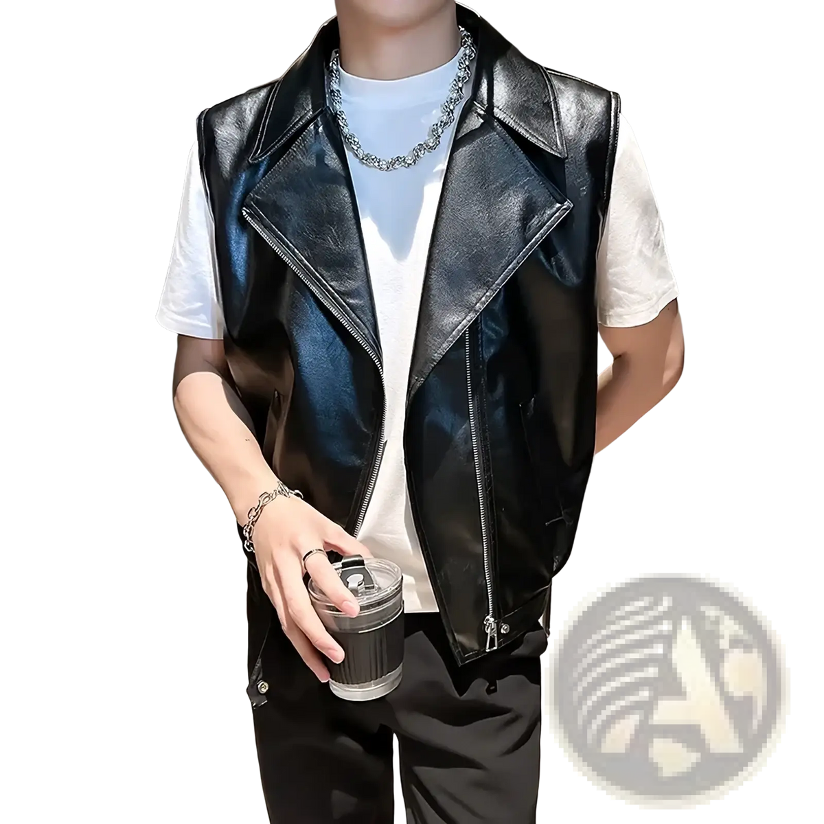 Men faux leather biker vest in black with asymmetrical zipper and collar detail for streetwear fashion